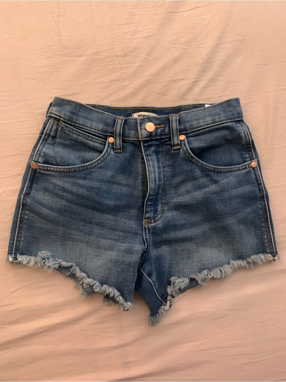 Wrangle Blue High Waisted Shorts, Distressed Hem